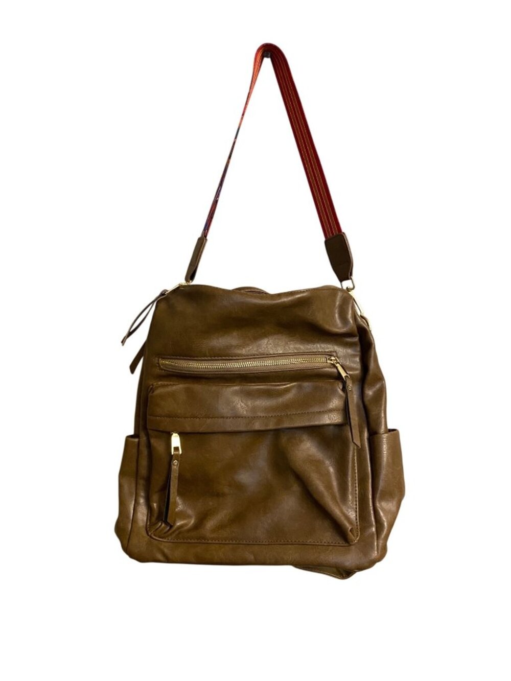 Brown Faux Leather Backpack Purse Colorful Adjustable Guitar Strap Gold Accents